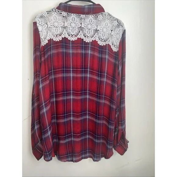 Sara Studio Long Sleeve Red Flannel Lace Button Up Shirt Women’s Large Crocheted - Picture 6 of 7